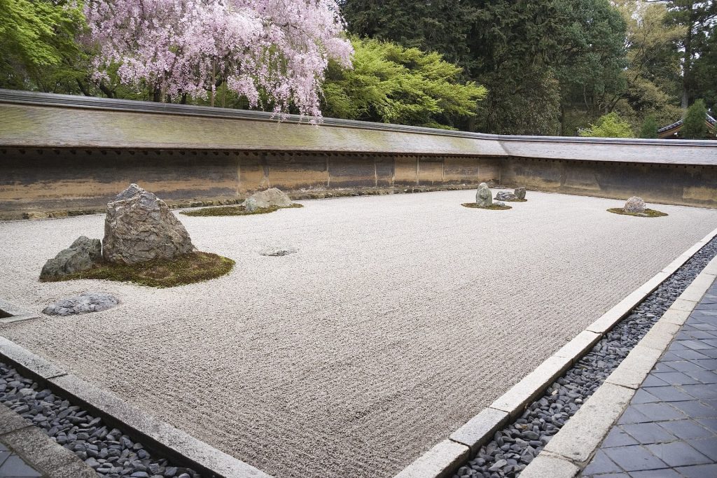 The kare-sansui zen garden at Ryōan-ji Temple in Kyoto, Japan
