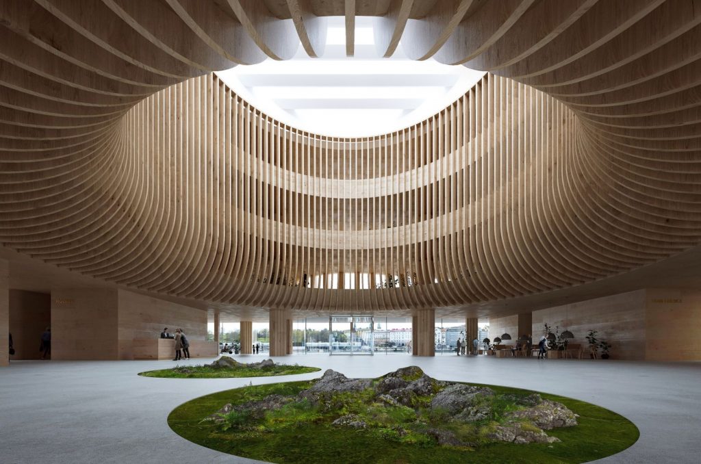 Rendering of the Katajanokan laituri lobby in Finland, Anttinen Oiva Architects