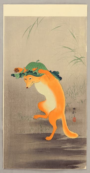 Dancing Fox with Lotus Leaf Hat by Ohara Koson