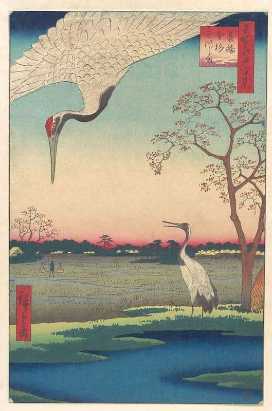 Japanese cranes in ukiyo-e art. Example by Hiroshige