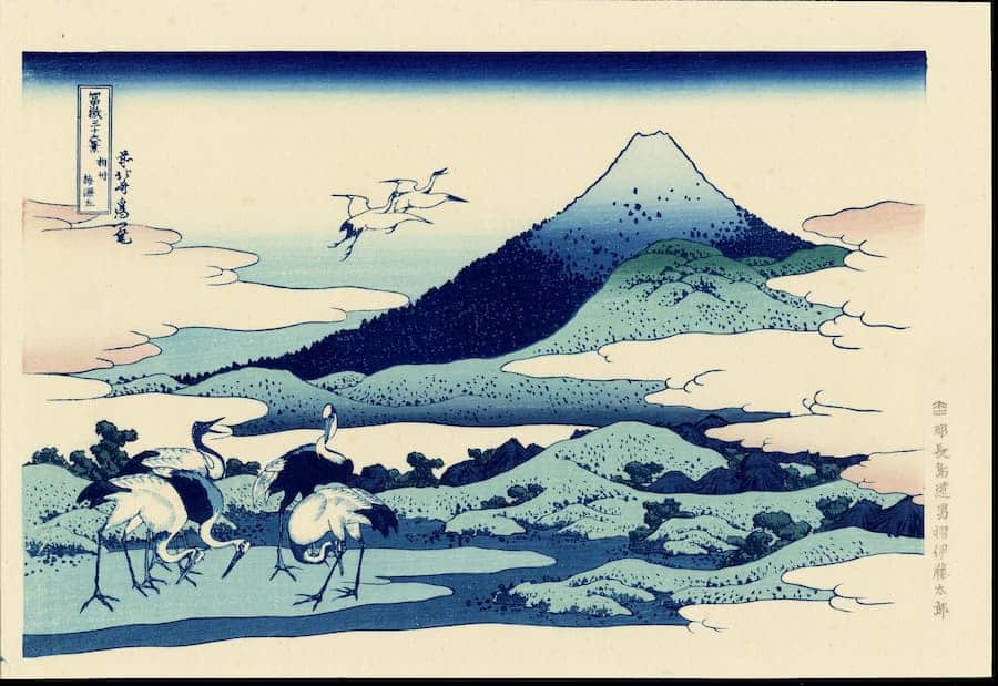 Japanese cranes in ukiyo-e art with example from Katsushika Hokusai