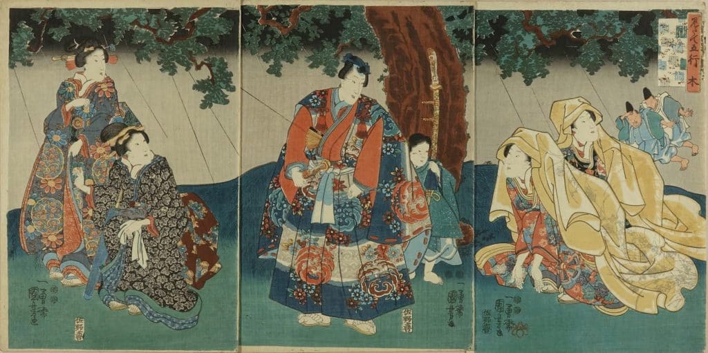 Ukiyo-e triptych from a scene in the Tale of the Genji