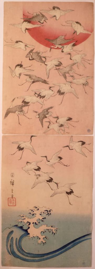 Utagawa Hiroshige - Cranes Flying Over Waves - rare vertical diptych