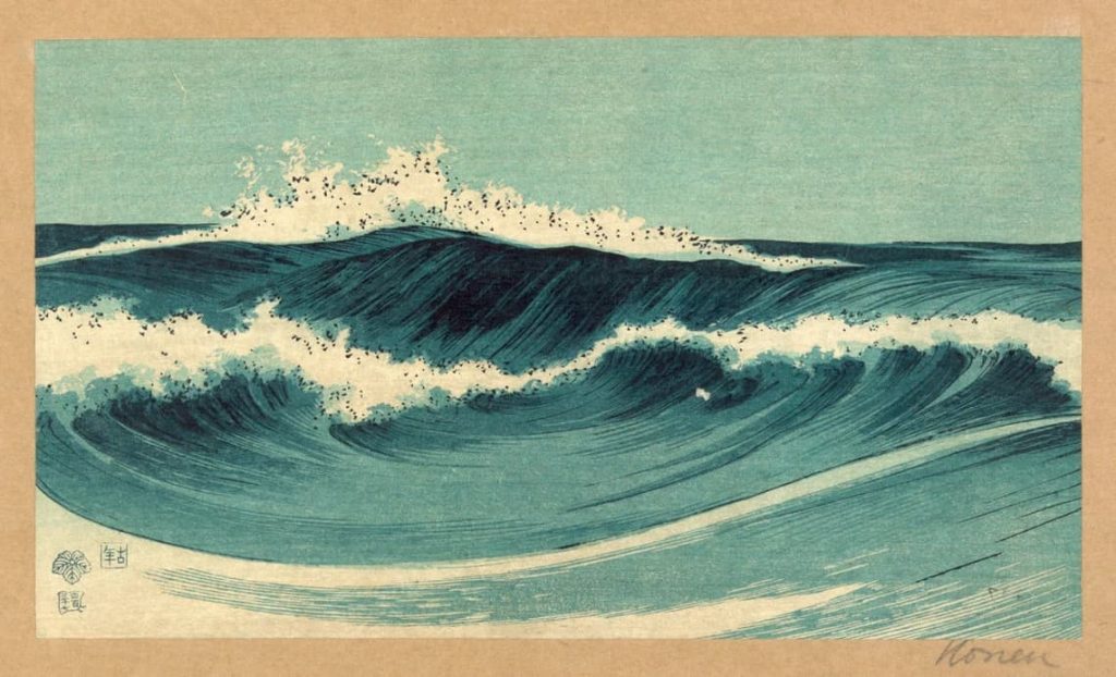 Hato zu 2 - Japanese wave woodblock print by Uehara Konen