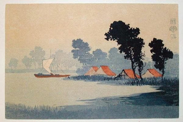Uehara Konen - Sailboat on a Lake woodblock print