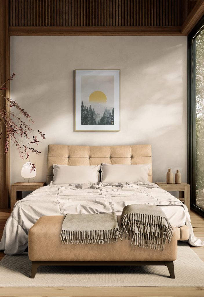 A Japandi bedroom with soft colors, wood panels, and calming artwork.