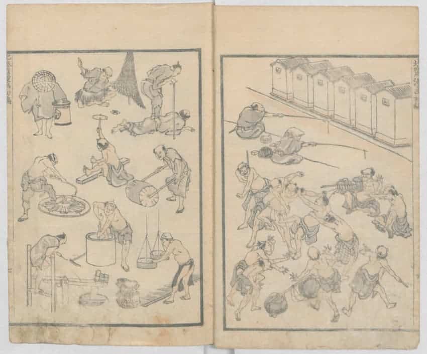 Hokusai Manga: Early sketches of tradesmen and sumo wrestlers from Volume 1, published in 1814