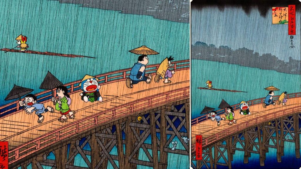 Doraemon and other characters inhabit a reproduction of Sudden Shower over Shin-Ōhashi Bridge and Atake from Hiroshige Courtesy Hanzō; (c) Fujiko-Pro