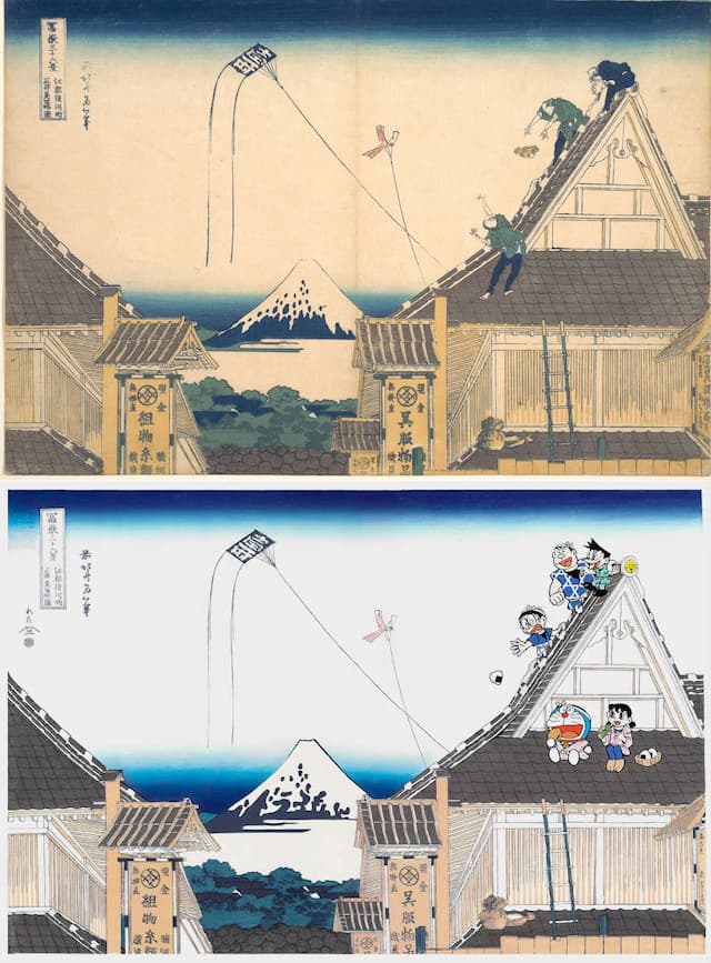 Katsushika Hokusai’s Mitsui Shop at Surugachō in Edo from his Thirty-Six Views of Mount Fuji; Doraemon and friends inhabit the scene in Hanzō’s ukiyo-e. Courtesy Hanzō; (c) Fujiko-Pro