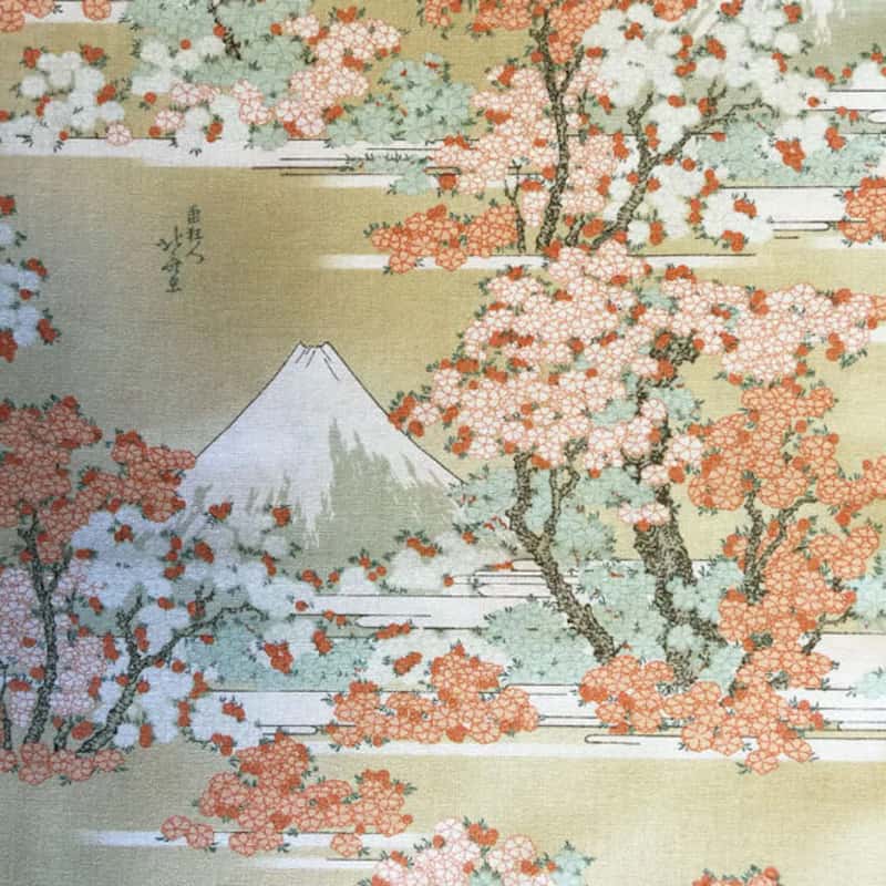 Vintage Japanese Cotton Fabric with Mount Fuji and Sakura Trees