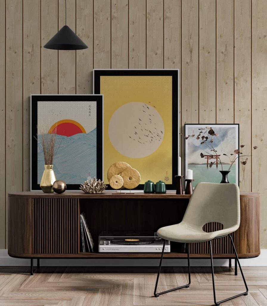 Living Room with three Japanese art prints of the rising sun, flying birds and torii gate. By The Art of Zen