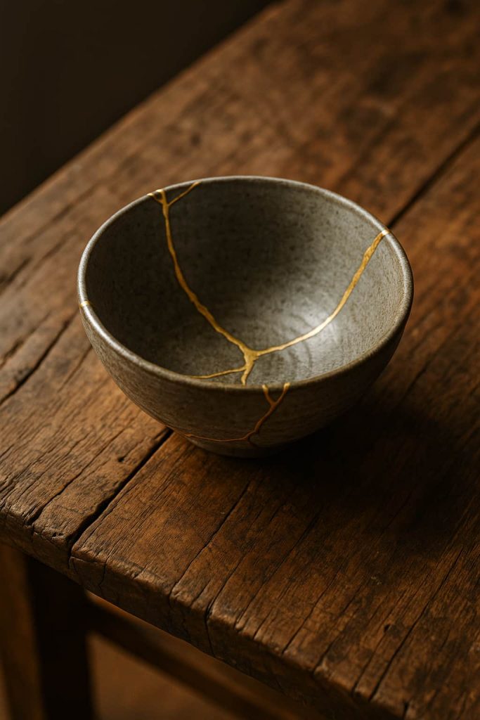 Kintsugi Bowl on a weathered wooden table that add character