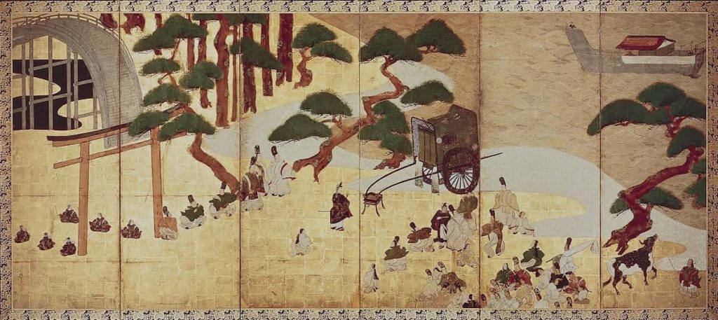 Tawaraya Sōtatsu Miotsukushi screen from The Tale of Genji showing flowing water and bridge motifs, Seikadō Bunko Art Museum Tokyo