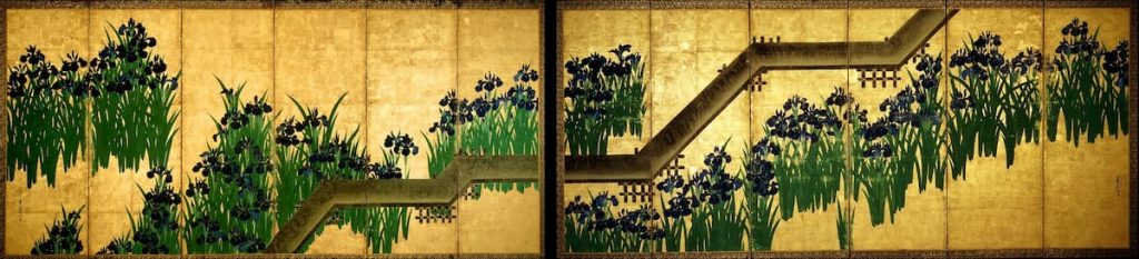 Irises at Yatsuhashi (Eight Bridges) by Ogata Kōrin