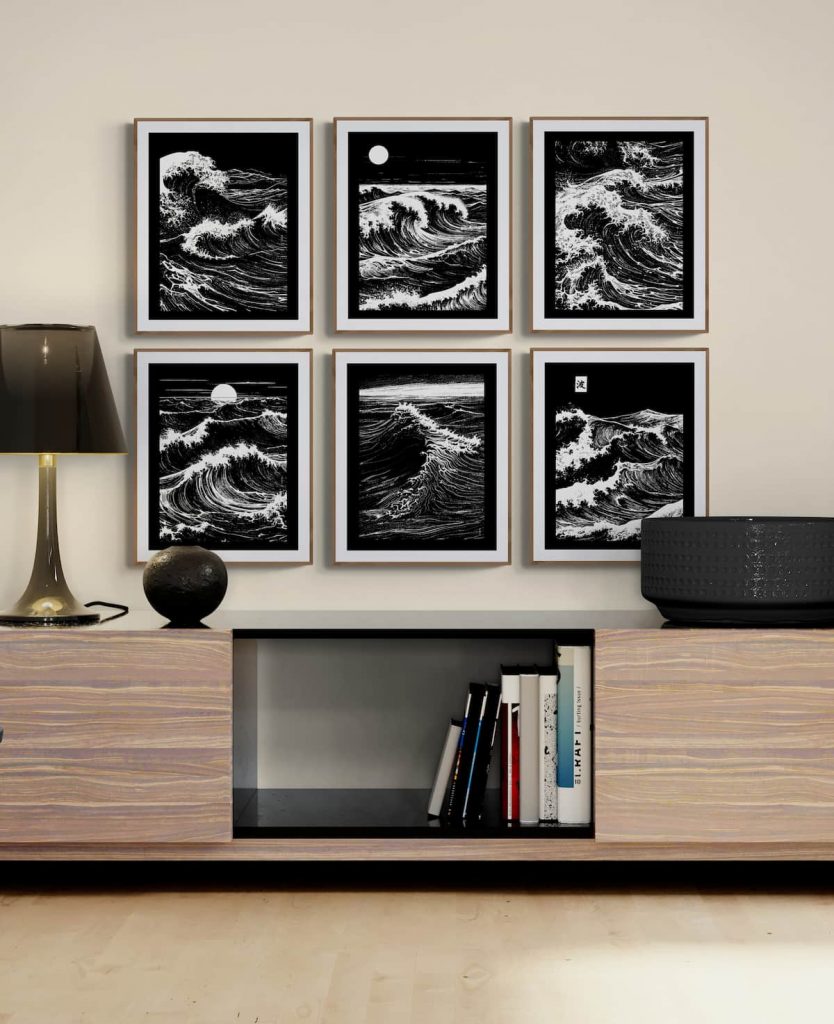 The Nami No Uta Black and White Japanese Wave print set in a modern study