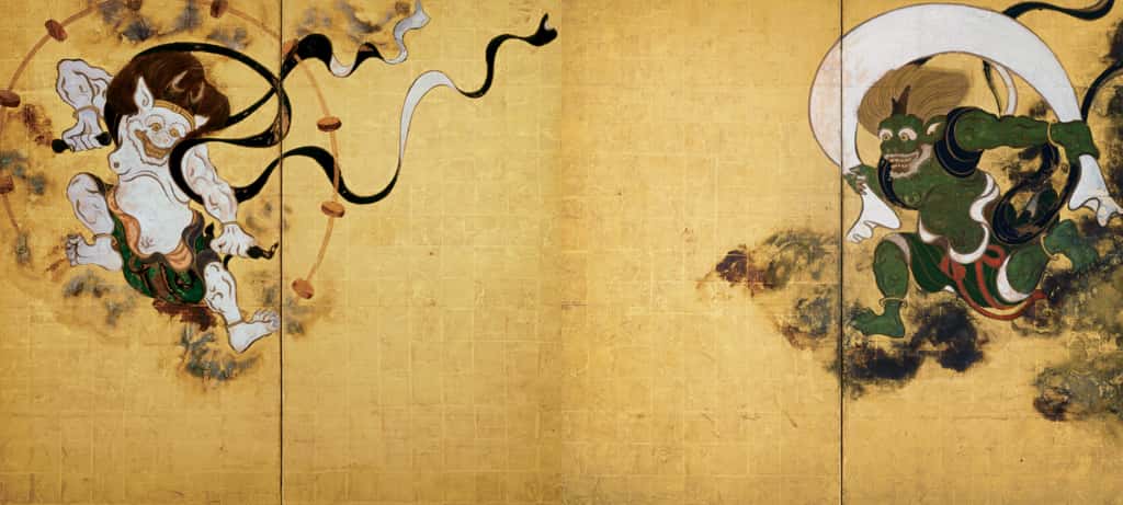 Golden Japanese screens showing Fujin with a large bag of wind, and Raijin is surrounded by drums that create thunder. 